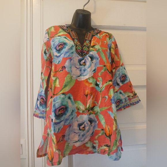Soft Surroundings Tops - Soft Surroundings Hidden Villa Tunic Linen Exotic Floral Embroidered XS